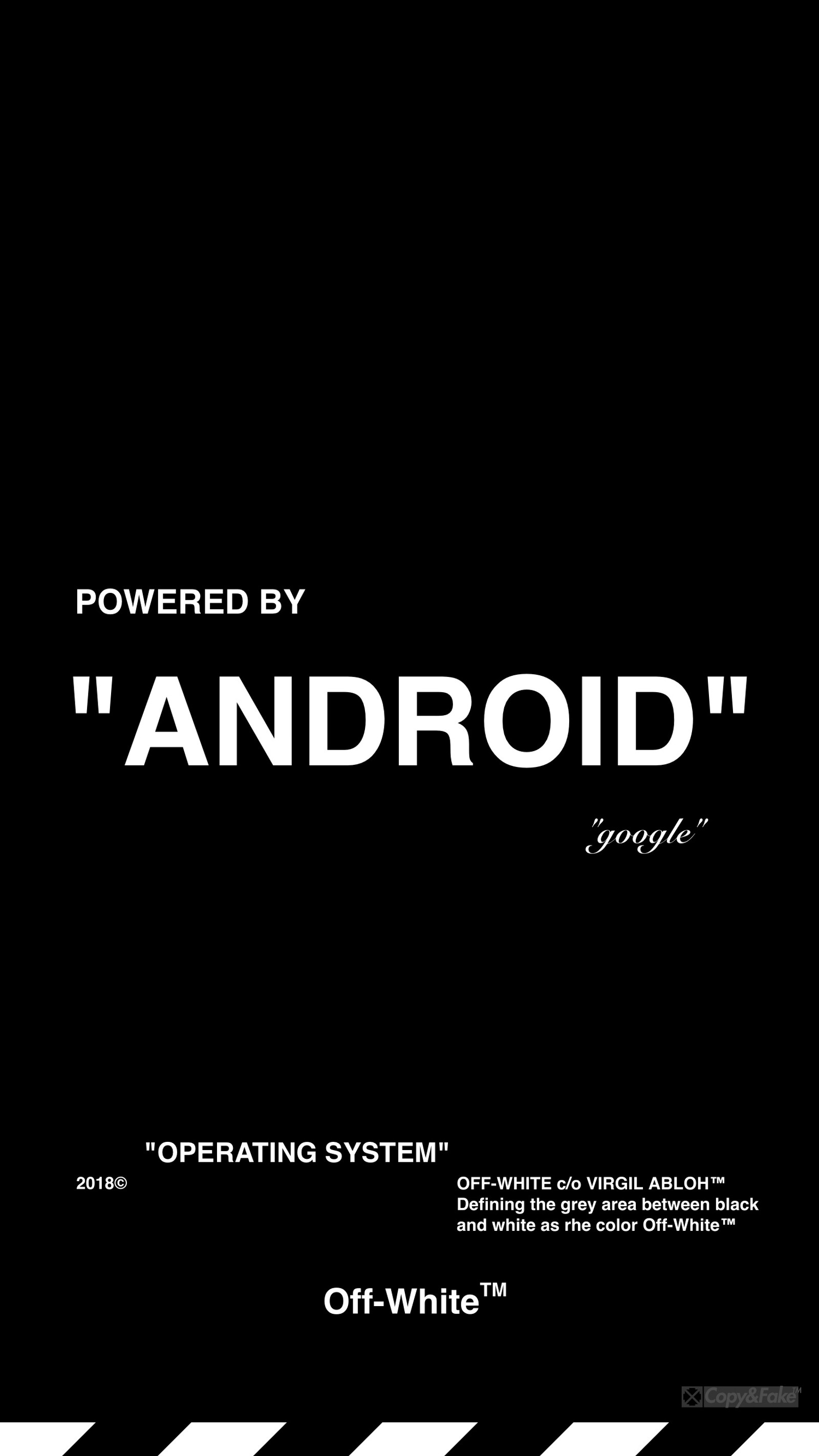 A black and white poster with a text that reads powered by android (off white, android, fullhd, google, darktheme)