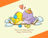 Two cute, colorful birds sharing a sweet kiss on a branch, surrounded by fluffy clouds and hearts, celebrating love on Valentine's Day.