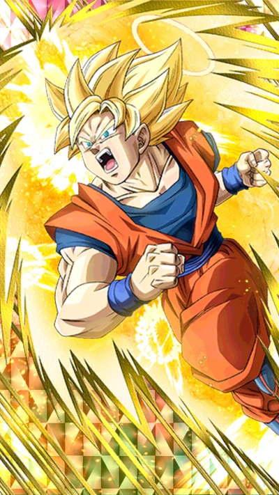 Super Saiyan Goku en acción dinámica, rodeado de energía dorada, con una bola de dragón a la vista.