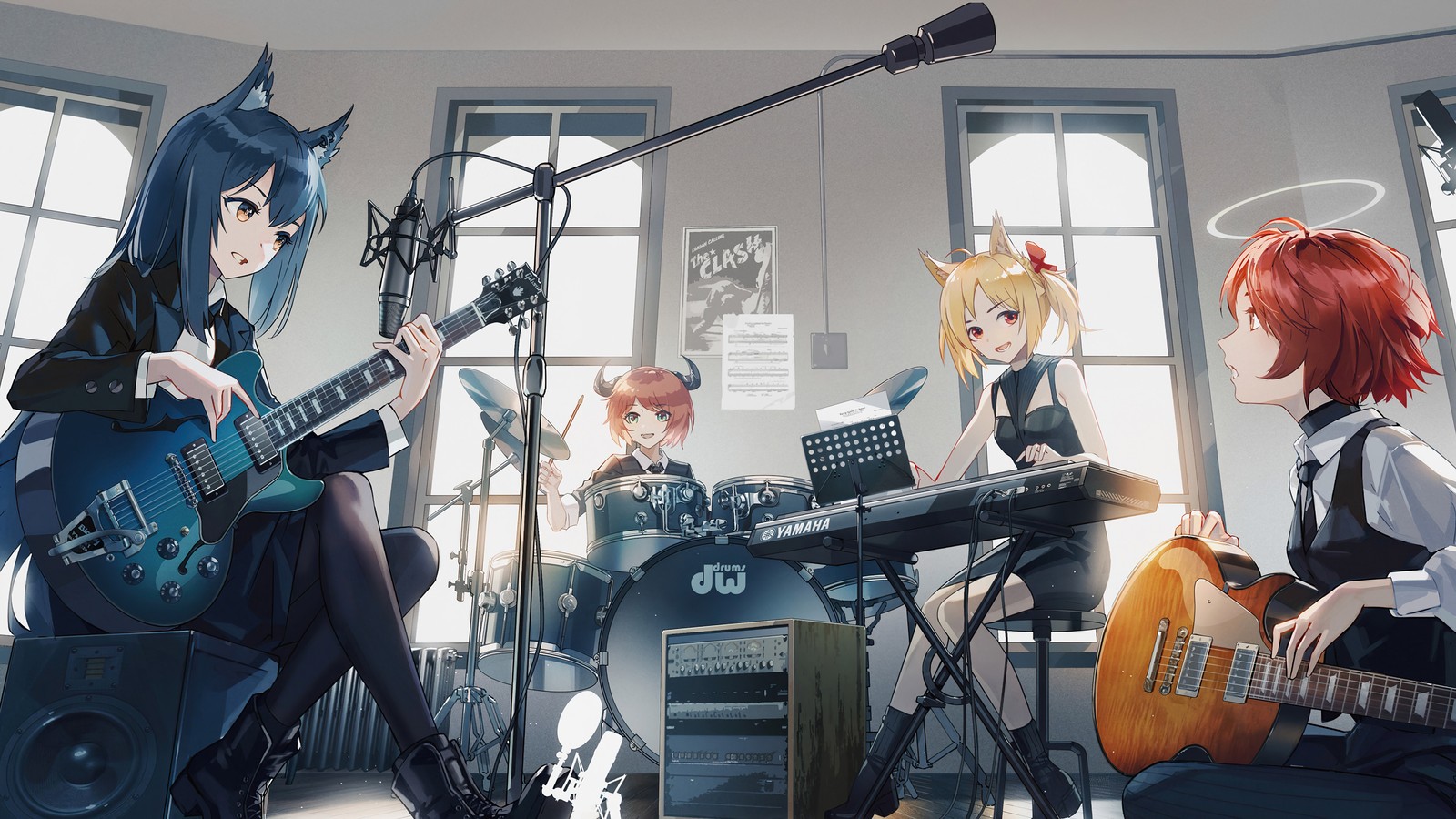 Garotas de anime tocando música em um estúdio de música com uma guitarra (meninas de anime, violão, banda, arknights, jogo de vídeo)