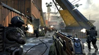 Intense firefight in a military setting from Call of Duty: Black Ops II.