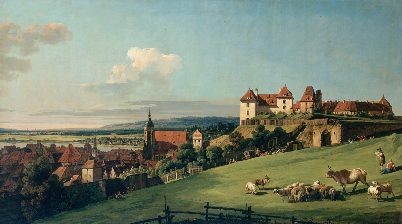 Painting of a painting of a village with a castle in the background (painting, rural area, pasture, castle, estate)