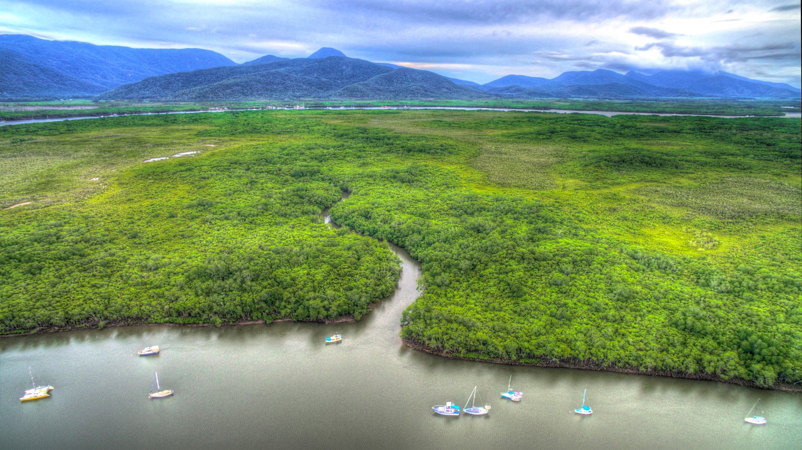 Há muitos barcos flutuando na água. (natureza, cairns, recursos hídricos, terras altas, pradaria)