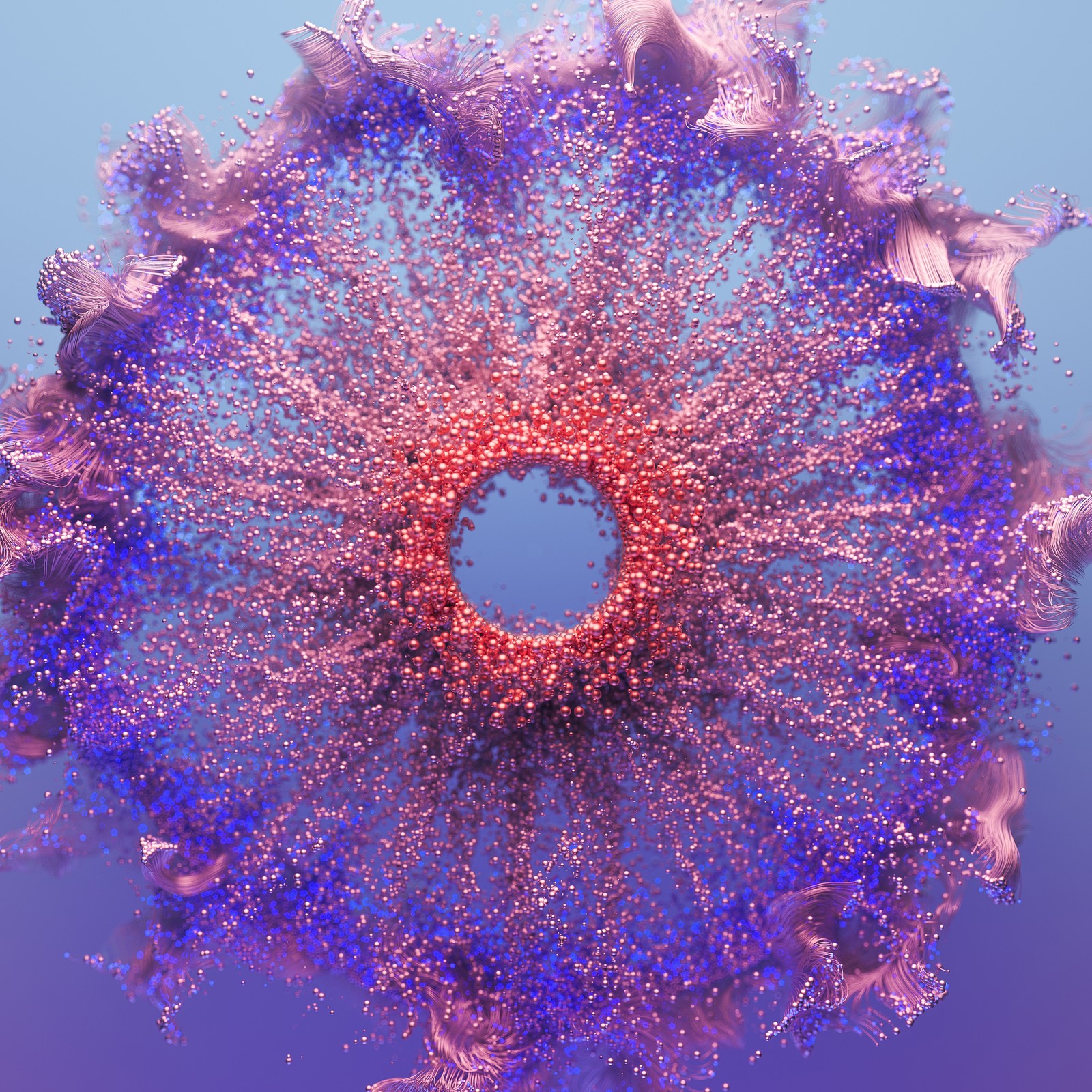 Imagen aromatizada de un objeto circular con muchas flores pequeñas (partículas, esferas, fondo 3d, arte digital, fondo morado)