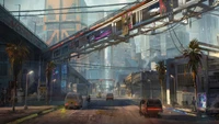 Paisagem urbana futurista na arte conceitual de Cyberpunk 2077