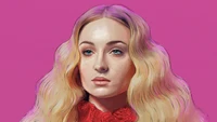 A stylized portrait of a beautiful woman with long, wavy blond hair against a vibrant pink background, showcasing striking features and a serene expression.