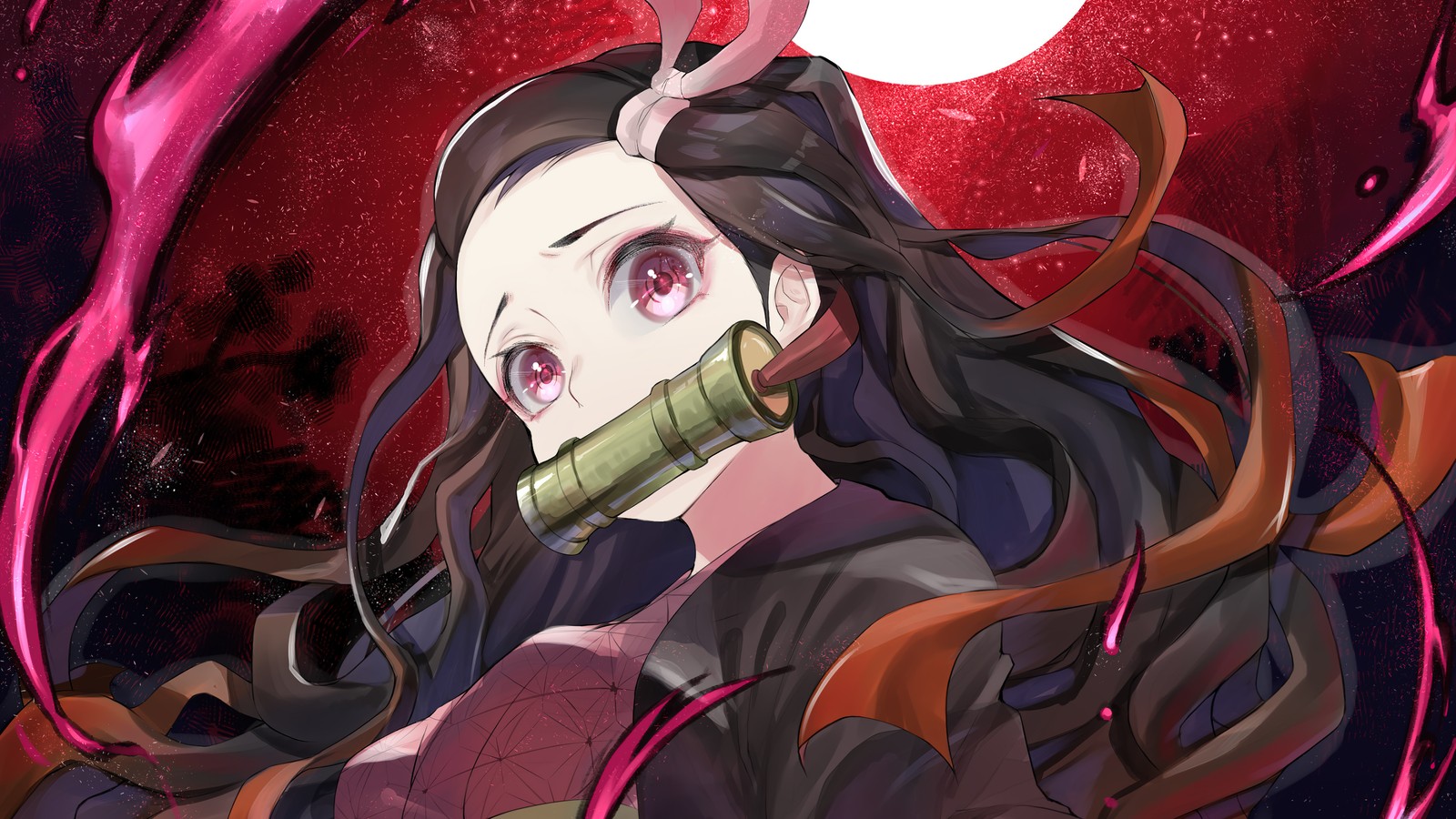 Eine frau mit langen haaren und einem messer in der hand (nezuko kamado, dämonentöter kimetsu no yaiba, demon slayer kimetsu no yaiba, anime, 鬼滅の刃)