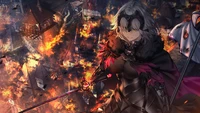 Jeanne d'Arc Alter kommandiert auf einem brennenden Schlachtfeld in Fate/Grand Order