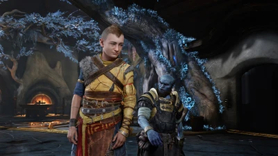 Atreus e Sindri em um cenário místico de God of War: Ragnarok.