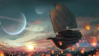 Celestial Voyage: A Flying Ship Among Sky Lanterns and Cosmic Wonders