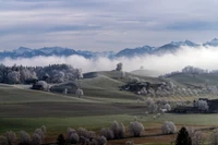 Majestätische Hochlandlandschaft mit nebelbedeckten Bergen und mit Frost bedeckten Bäumen