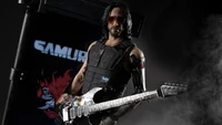 Johnny Silverhand mit seiner charakteristischen Gitarre vor einem dunklen Hintergrund, der die kantige Ästhetik von Cyberpunk 2077 zeigt.