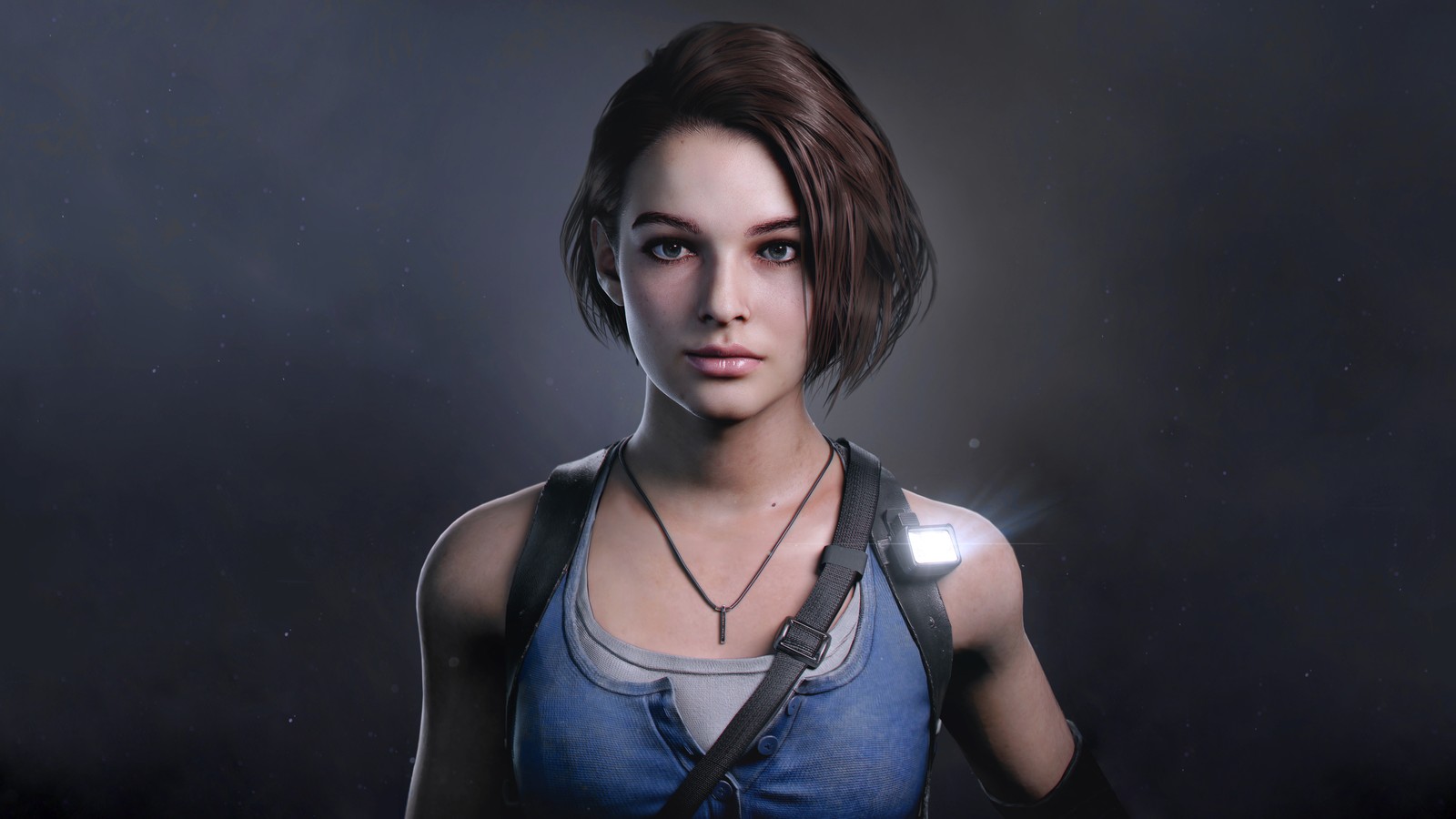 Женщина с фонариком в руке стоит перед темным фоном (джилл валентайн, jill valentine, re3, resident evil 3, ремейк)