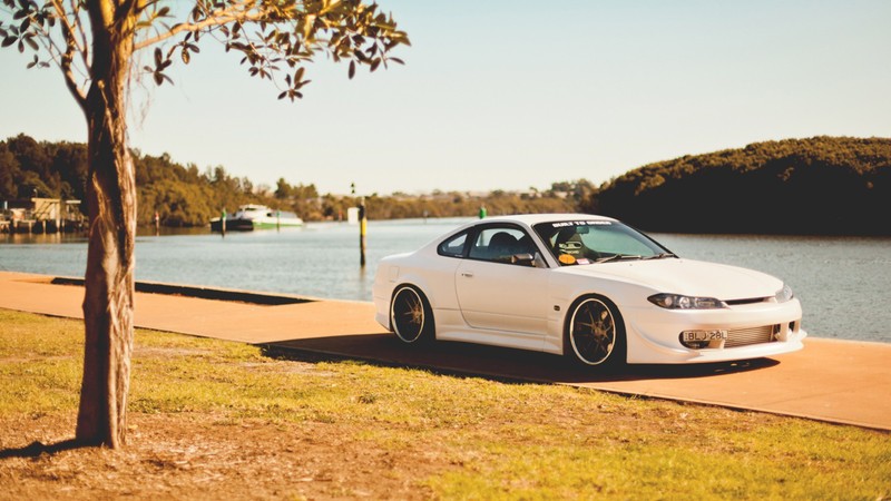 Крупный план белого автомобиля, припаркованного рядом с деревом у водоема (nissan silvia s15, ниссан сильвия, nissan silvia, ниссан 200sx, nissan 200sx)