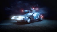 Icônica máquina do tempo DeLorean de "De Volta para o Futuro" em um cenário dramático e iluminado.