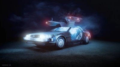 Ikonische DeLorean-Zeitmaschine aus "Zurück in die Zukunft" in einer dramatischen, beleuchteten Umgebung.