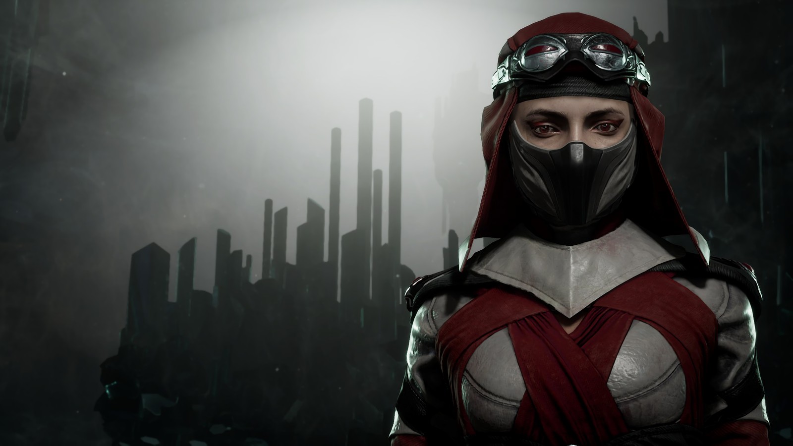 Крупный план человека в костюме с капюшоном и шлемом (скарлет, skarlet, mortal kombat 11, видеоигра)