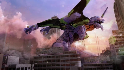 Batalla épica de Evangelion: mecha gigante en un paisaje urbano