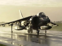 Harrier Jump Jet: The Versatile Military Aircraft on a Rain-Slicked Runway