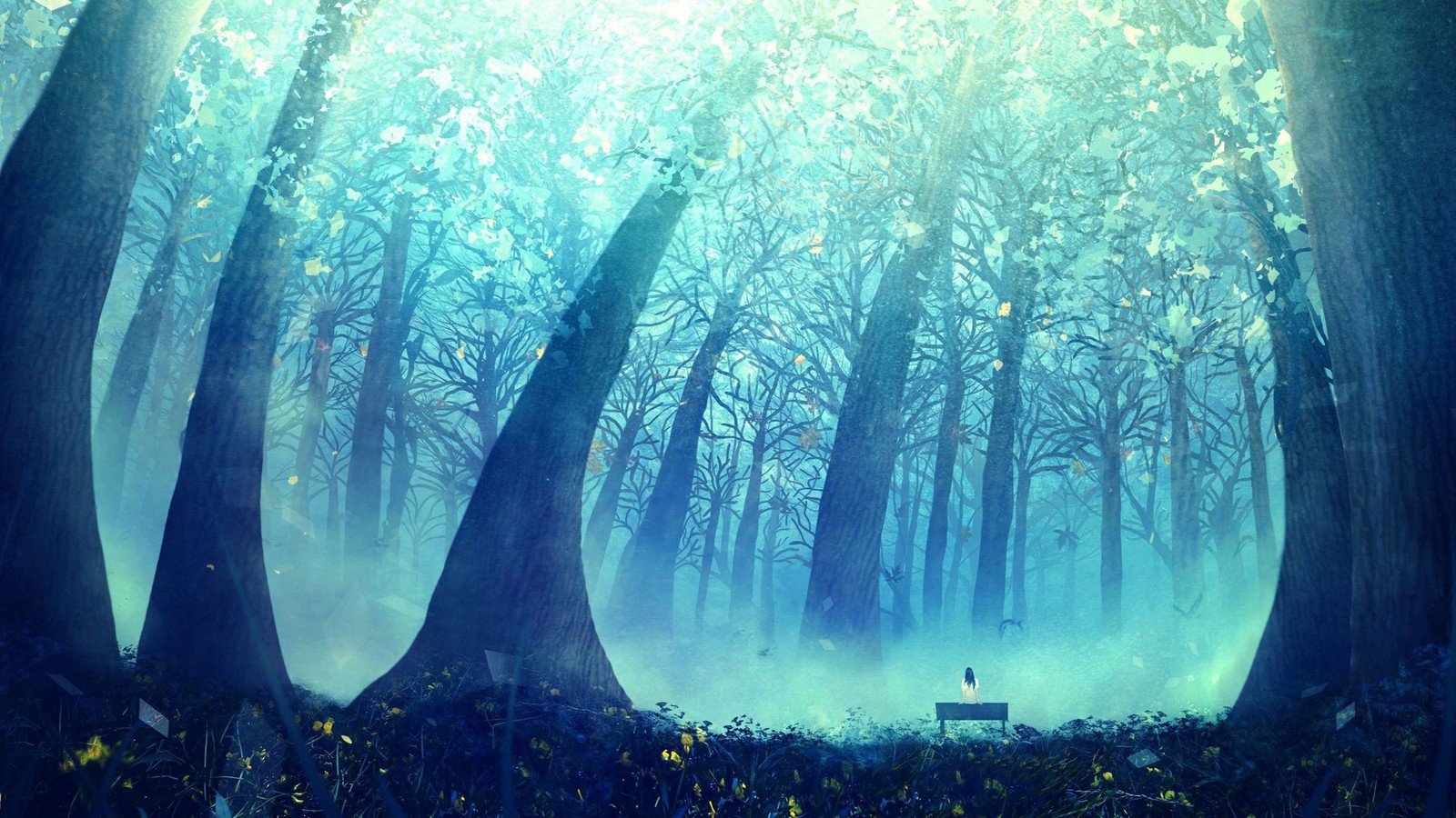 There is a bench in the middle of a forest with fog (forest, fantasy, digital art)