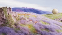 Surreal Ethereal Landscape with Lavender Fields and a Serene Orb