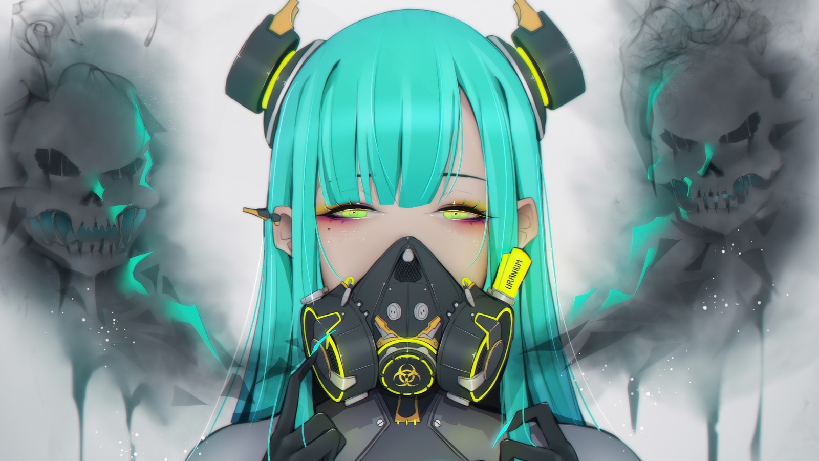 Anime girl with blue hair and green hair wearing a gas mask (anime, girls, toxic, gas mask, sci fi)