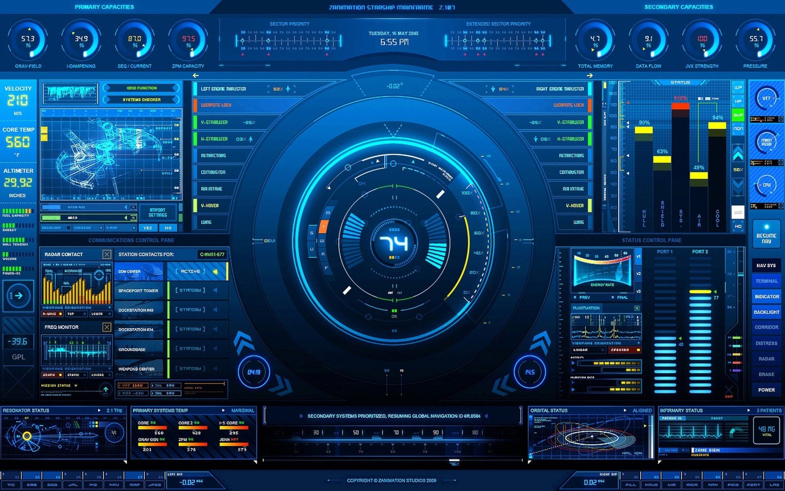 A futuristic interface with various electronic devices and a clock (electronics, technology, audio equipment, data, computing)