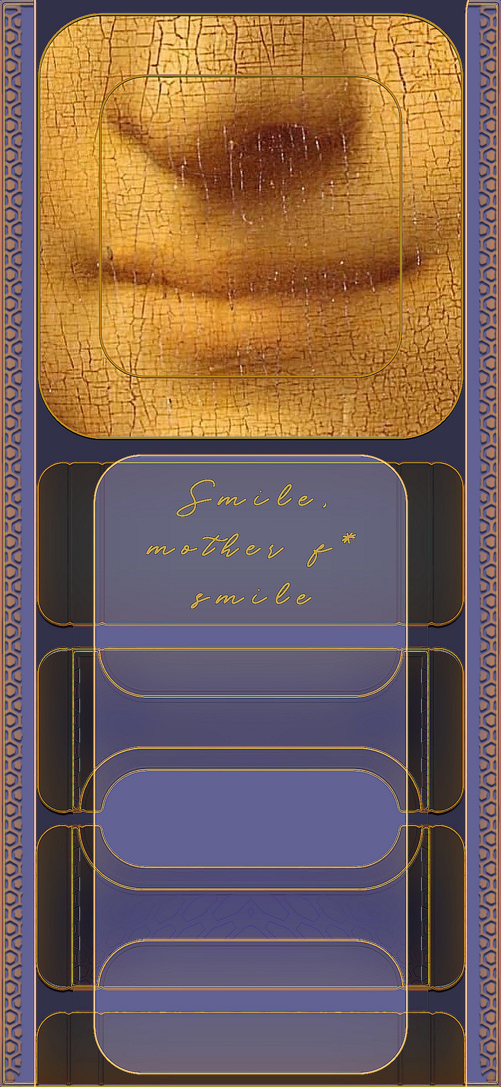 A close up of a picture of a person's mouth with a yellow background (varnish, wood stain, rectangle, wood, pattern)