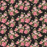 Blumenmuster mit rosa Rosen und kleinen weißen Blumen auf dunklem Hintergrund, ideal für Design- und Floristik-Themen.