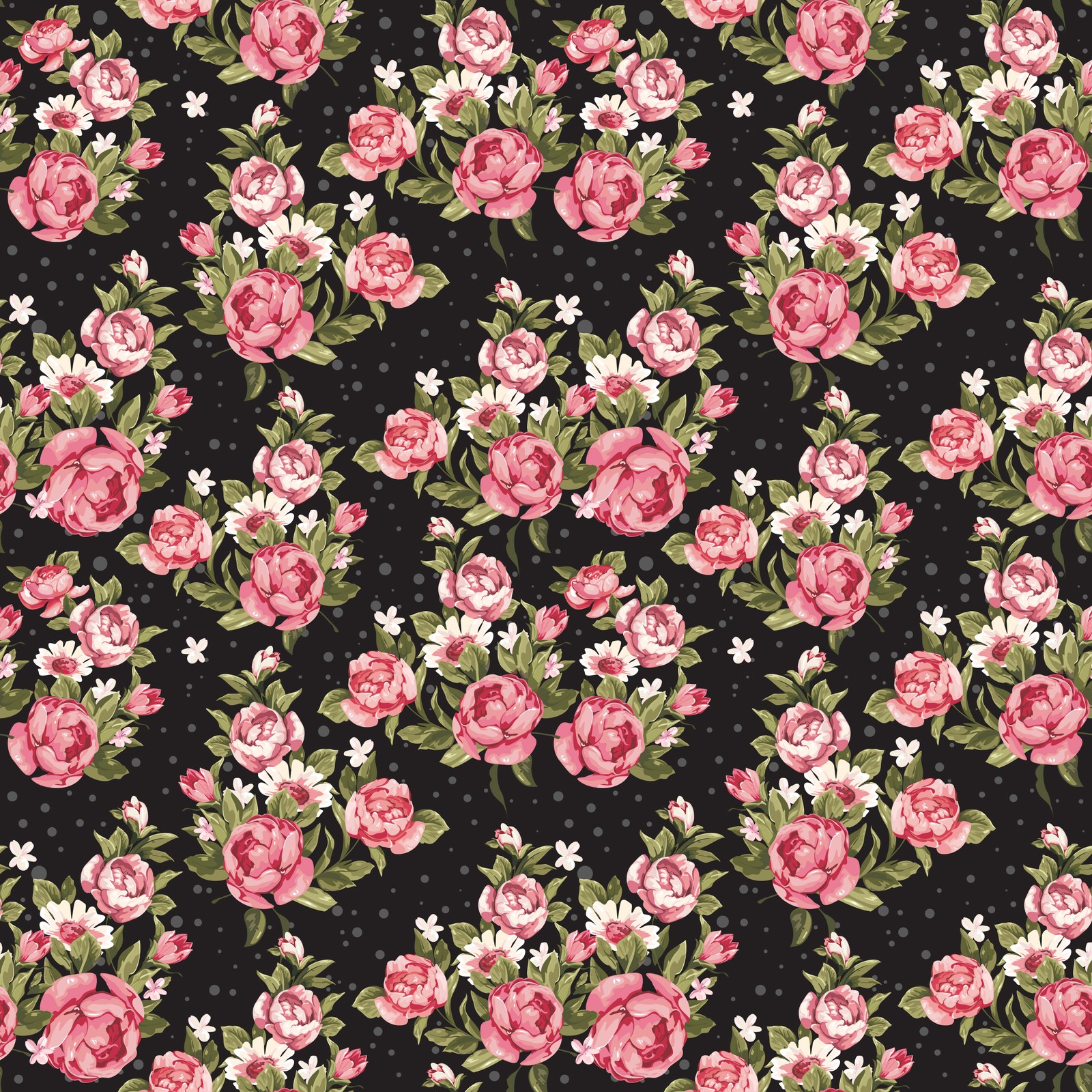 A black background with pink roses and white flowers (pink, flower, pattern, plant, design)