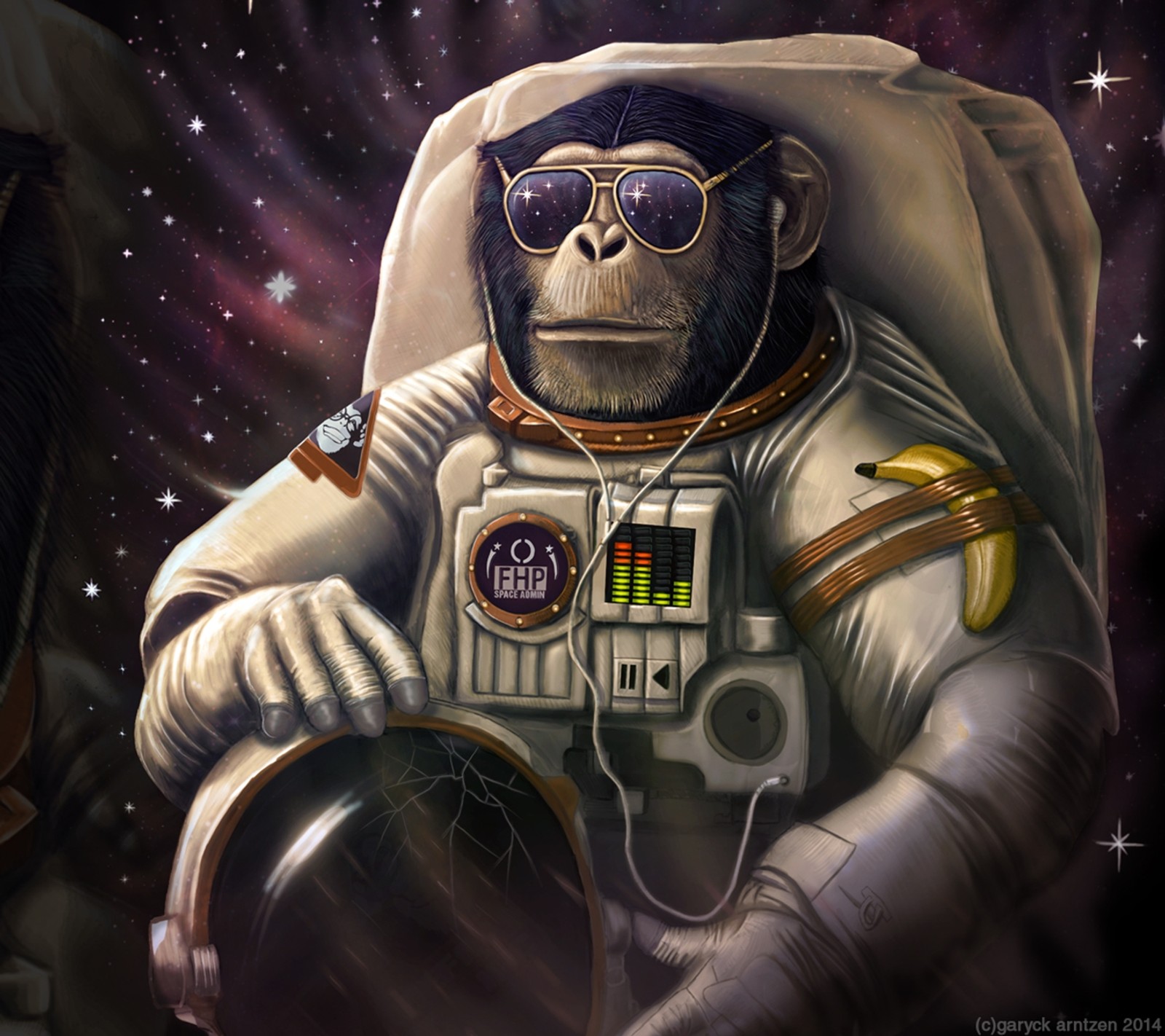 Painting of a monkey in a space suit with a helmet and sunglasses (banana, monkey)