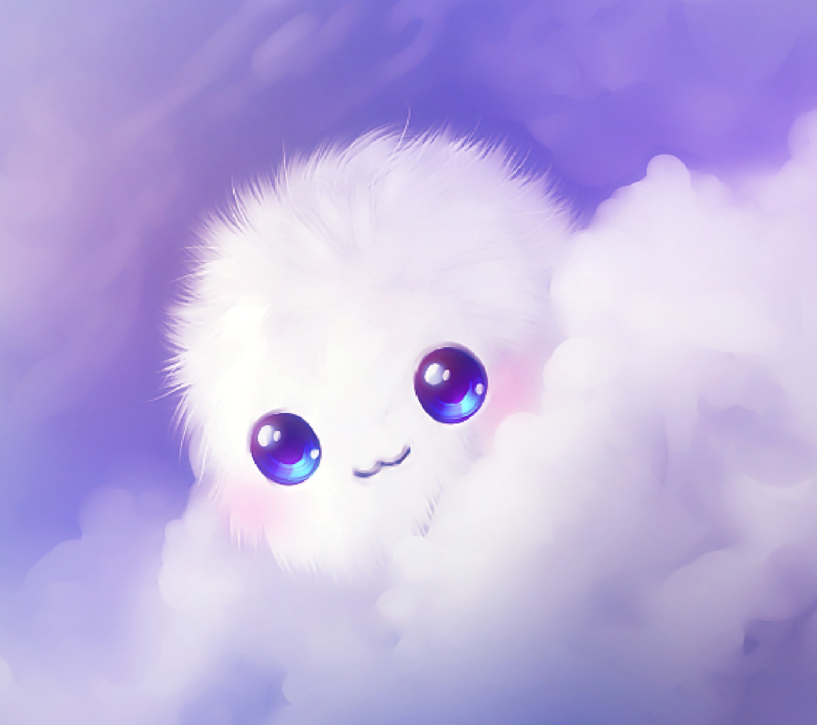 Un chat blanc duveteux aux yeux bleus qui émerge d'un nuage (anime, nuage, couleur, mignon, yeux)