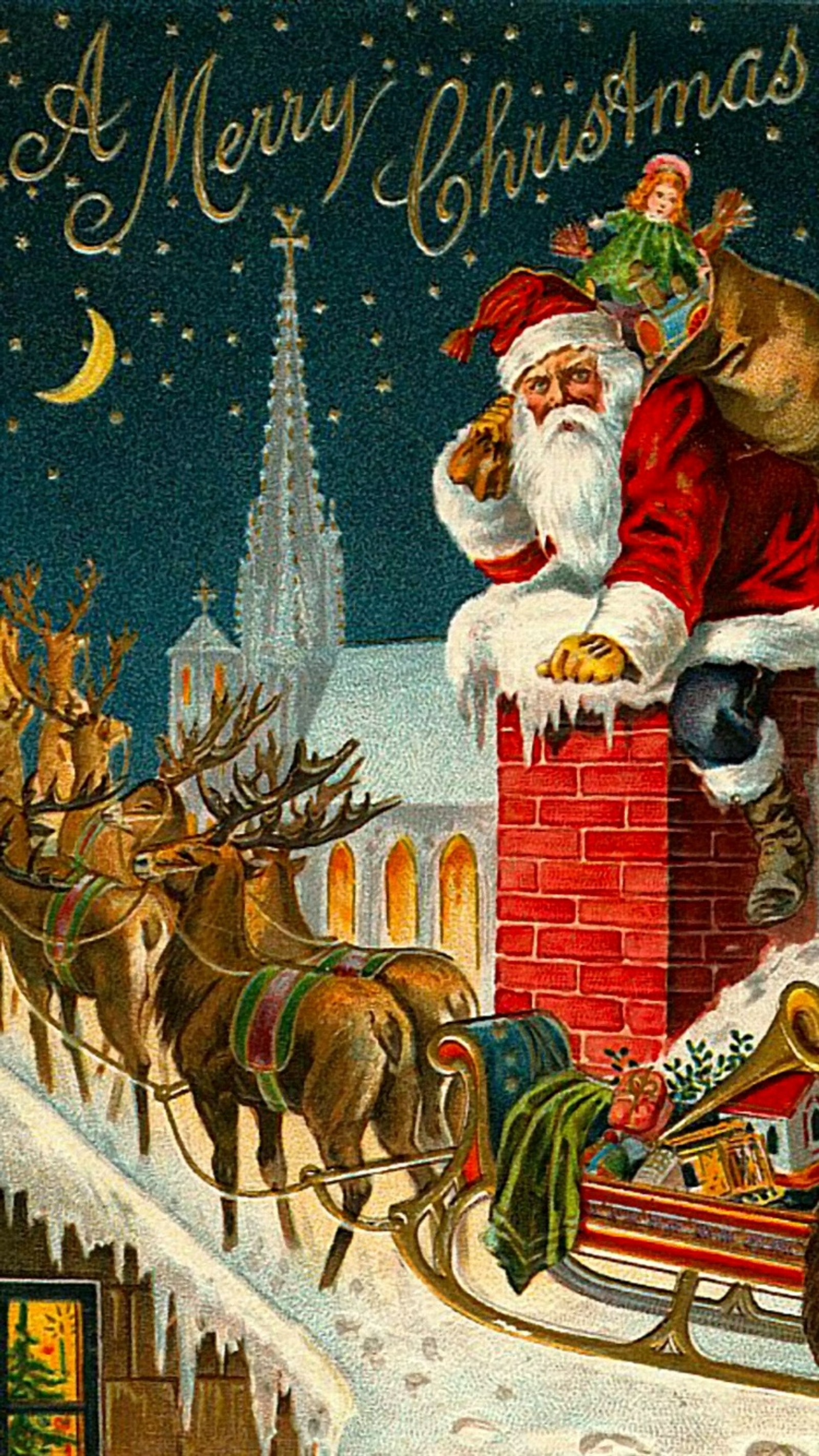 Santa claus is riding in a sleigh with his reindeers (christmas, gifts, santa claus)