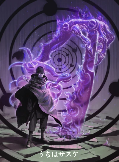 Sasuke Uchiha conjuring a mystical purple hand in an anime-inspired scene.