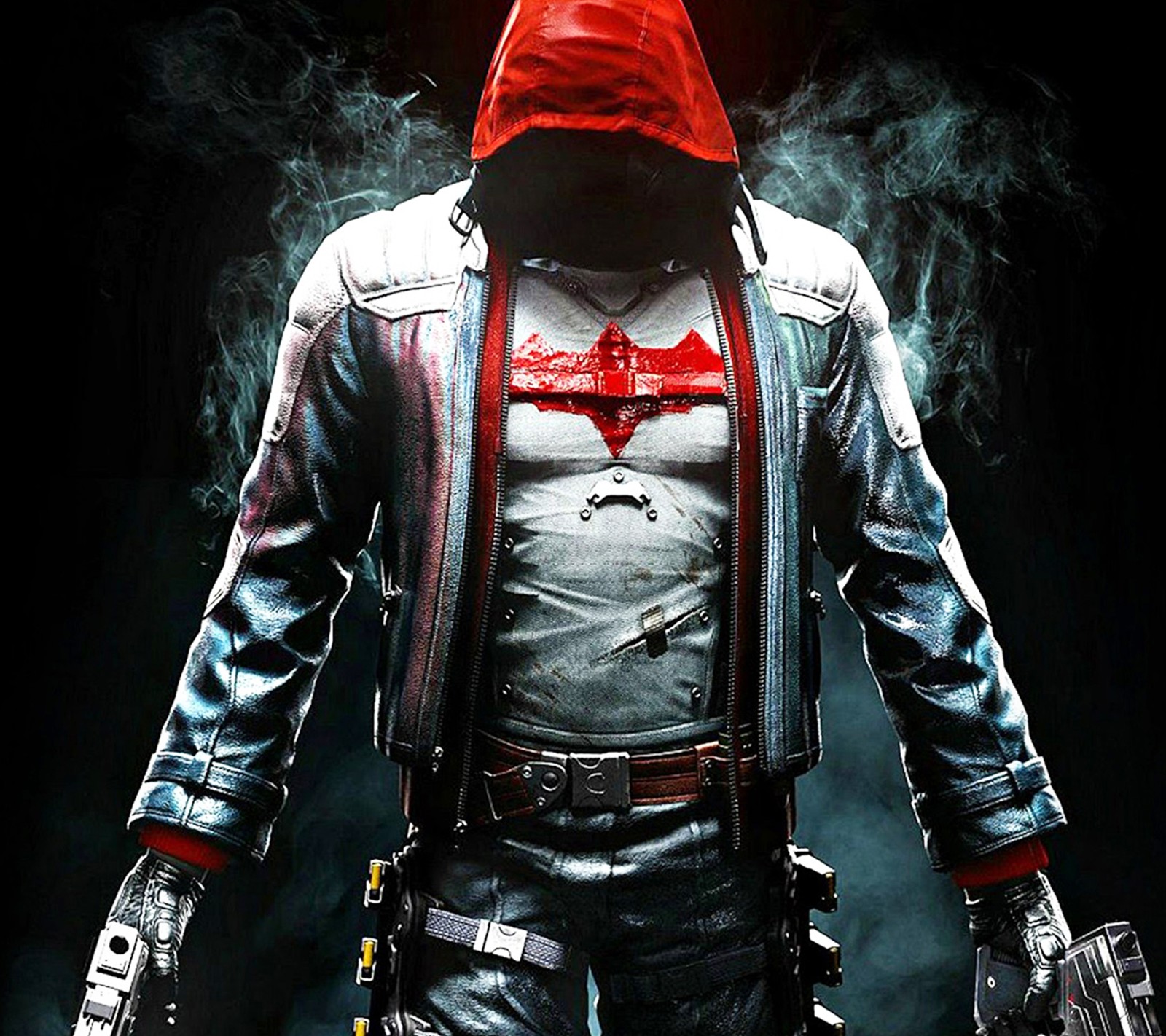 Un primer plano de una persona en un hoodie rojo sosteniendo un arma (batman, capa roja)