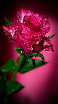 Vibrant Pink Rose with Dew Drops