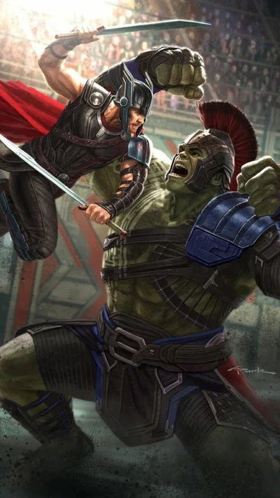 Thor y Hulk chocan en una épica batalla de "Thor: Ragnarok" de 2017