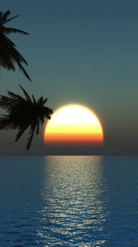 Sunset Over Tranquil Waters with Palm Silhouettes