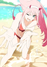 Zero Two in a playful pose at the beach, wearing a bikini and reaching out with a cheerful expression.