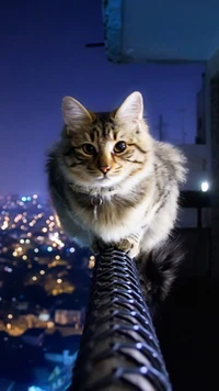 Solo en la noche: Un gato lindo en un balcón de la ciudad