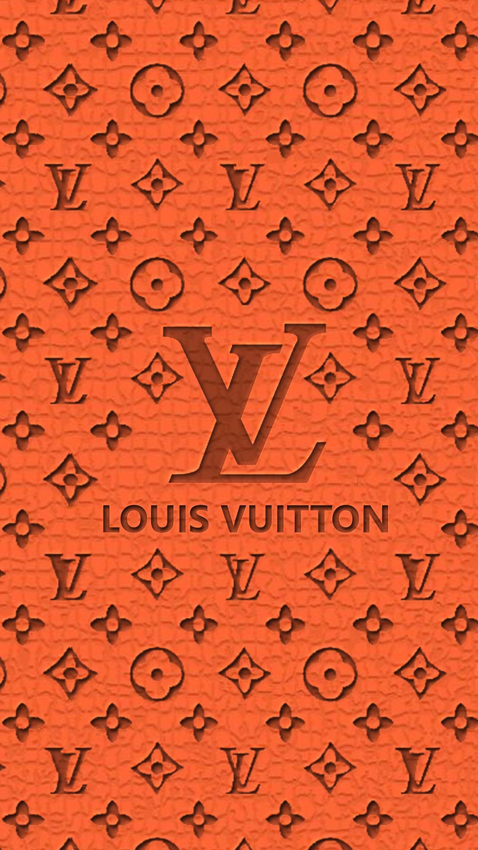 Um close do padrão louis vuitton em um fundo laranja (louis, vuitton)