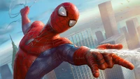 Spiderman se balançant à travers la ville : Un super-héros Marvel en action