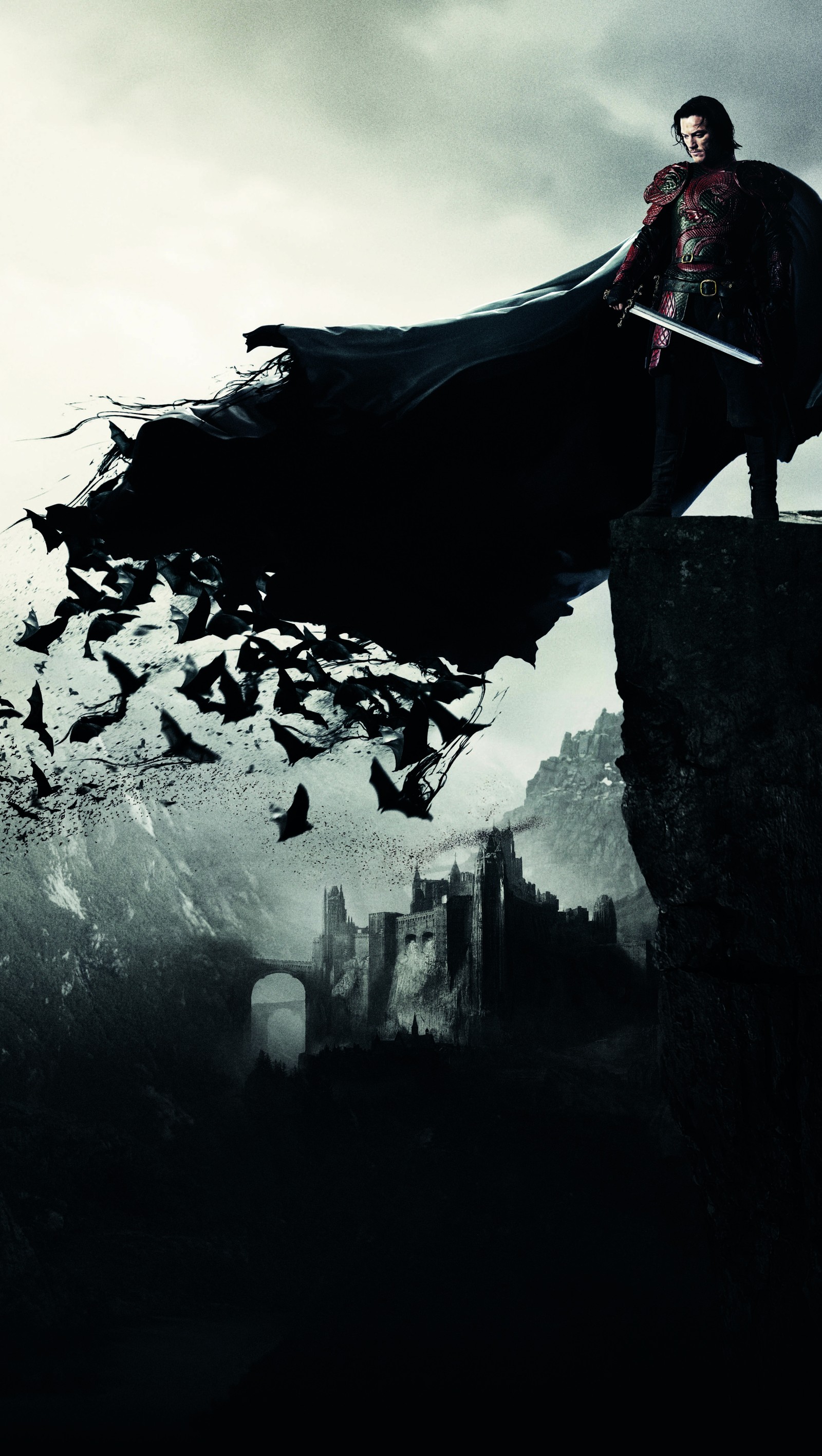 Arafed image of a man with a sword standing on a cliff (art, bat, blood, dark, dracula untold)