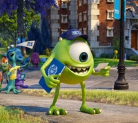 Mike Wazowski vor der Monsters University, bereit für Abenteuer