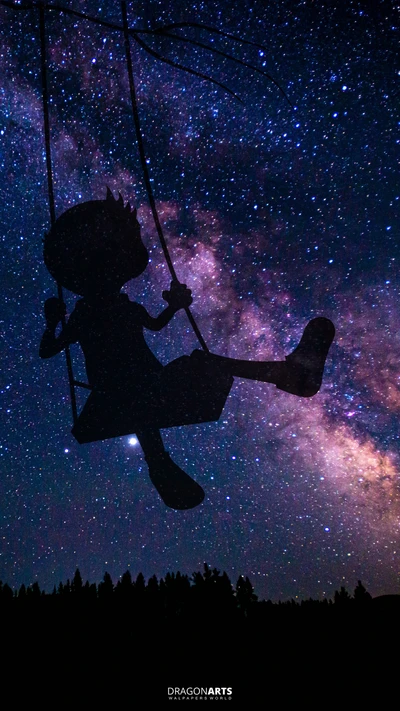 Child on a swing gazing at the starry sky and moon.