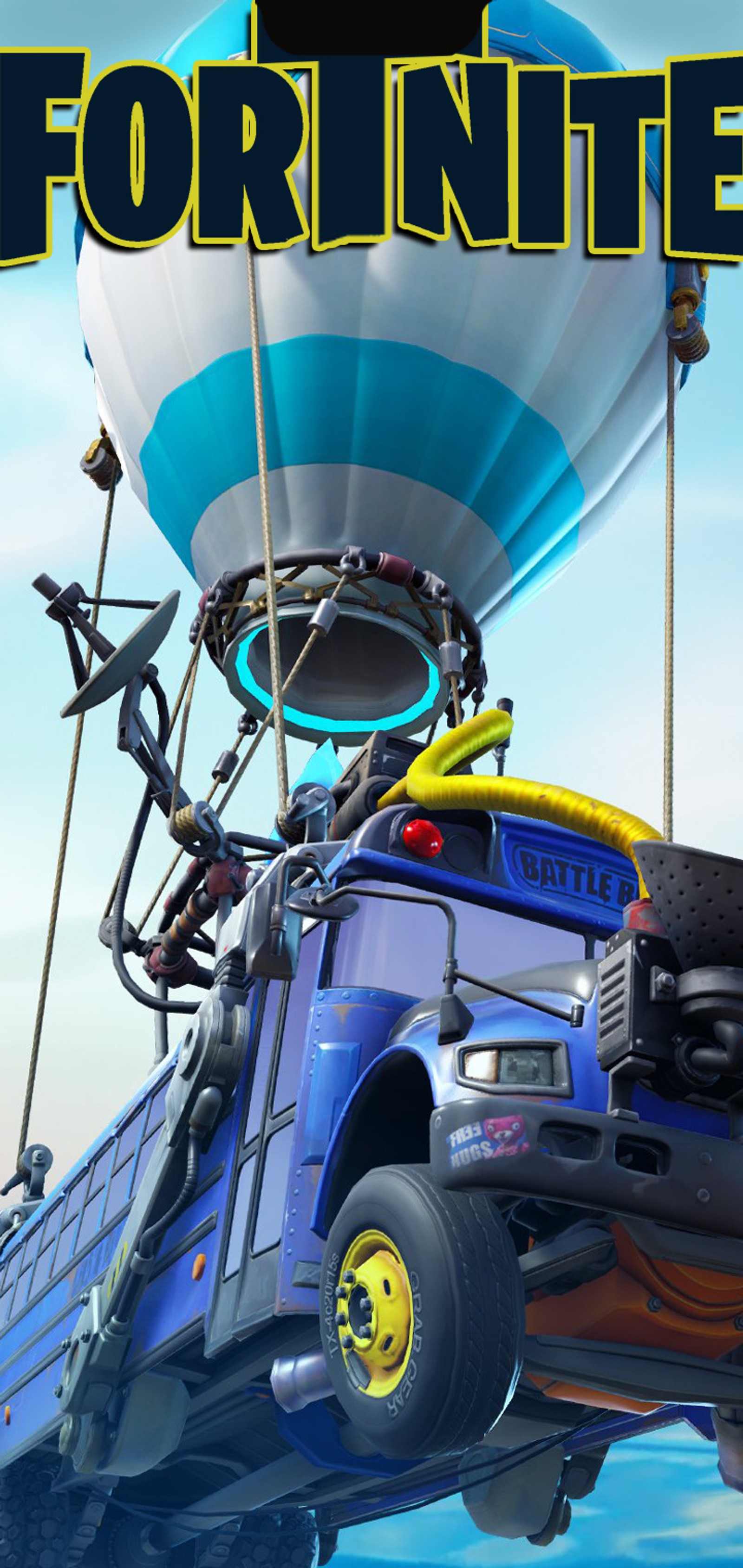 Arafed bus with a hot air balloon in the sky (battle, bus, chapter 2, fortnite, logo)