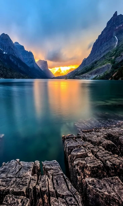 lac, montagne, pierres, coucher de soleil