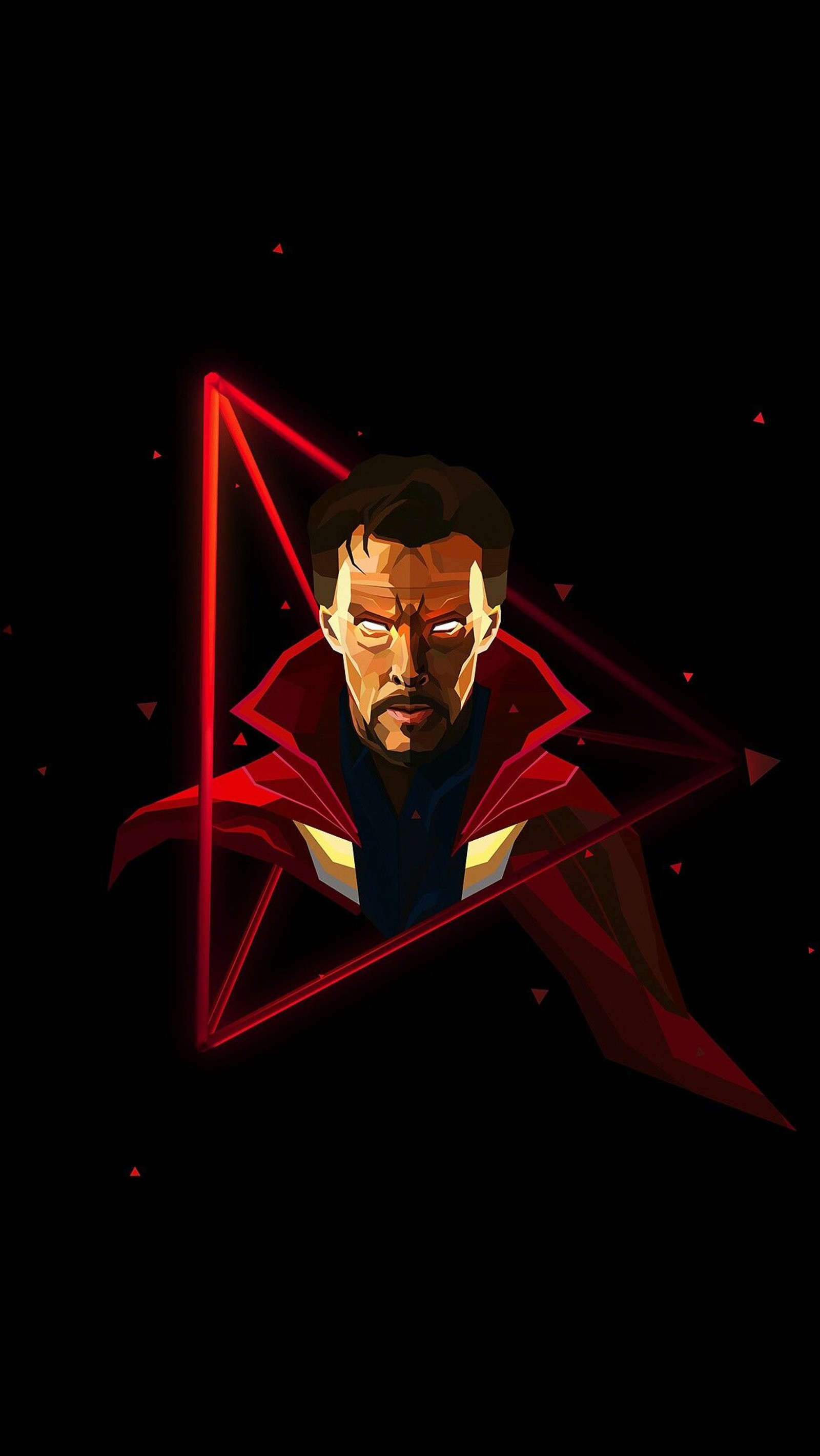 Un primer plano de un hombre con una capa roja y un triángulo (marvel, hacer, doctor, extraño, doctor strange)