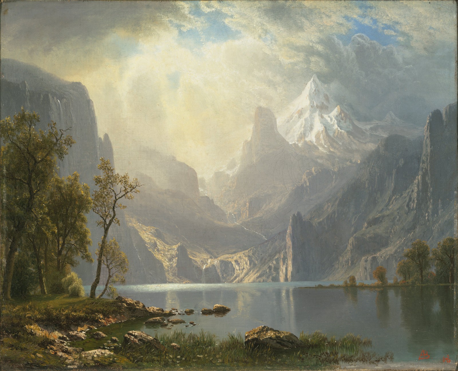 A painting of a mountain scene with a lake and a mountain in the background (bierstadt, painting, art, paint, nature)