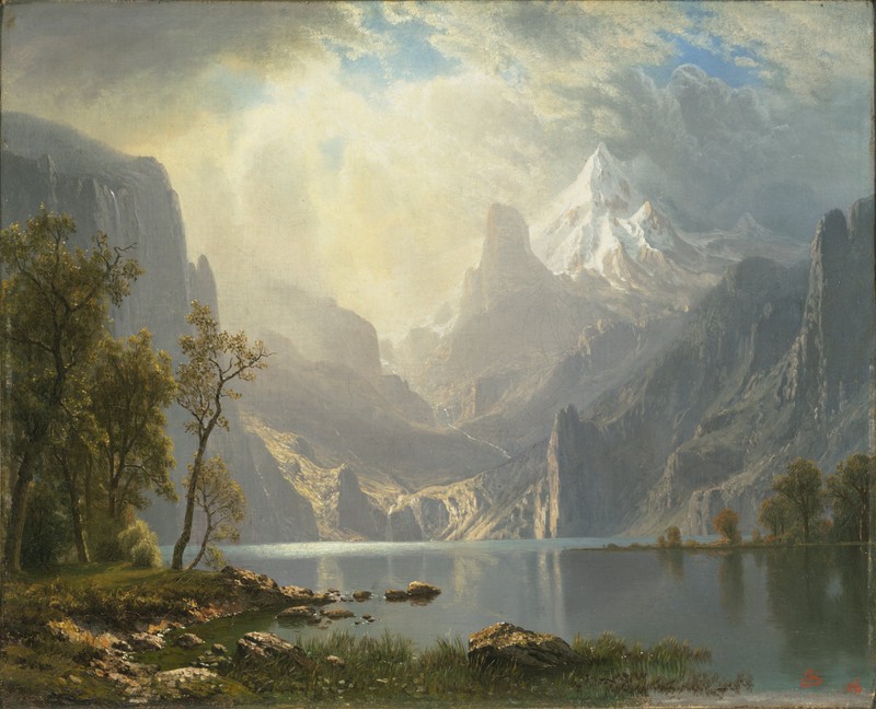 Картина горного пейзажа с озером и горой на фоне (биерстадт, bierstadt, картина, искусство, краска)